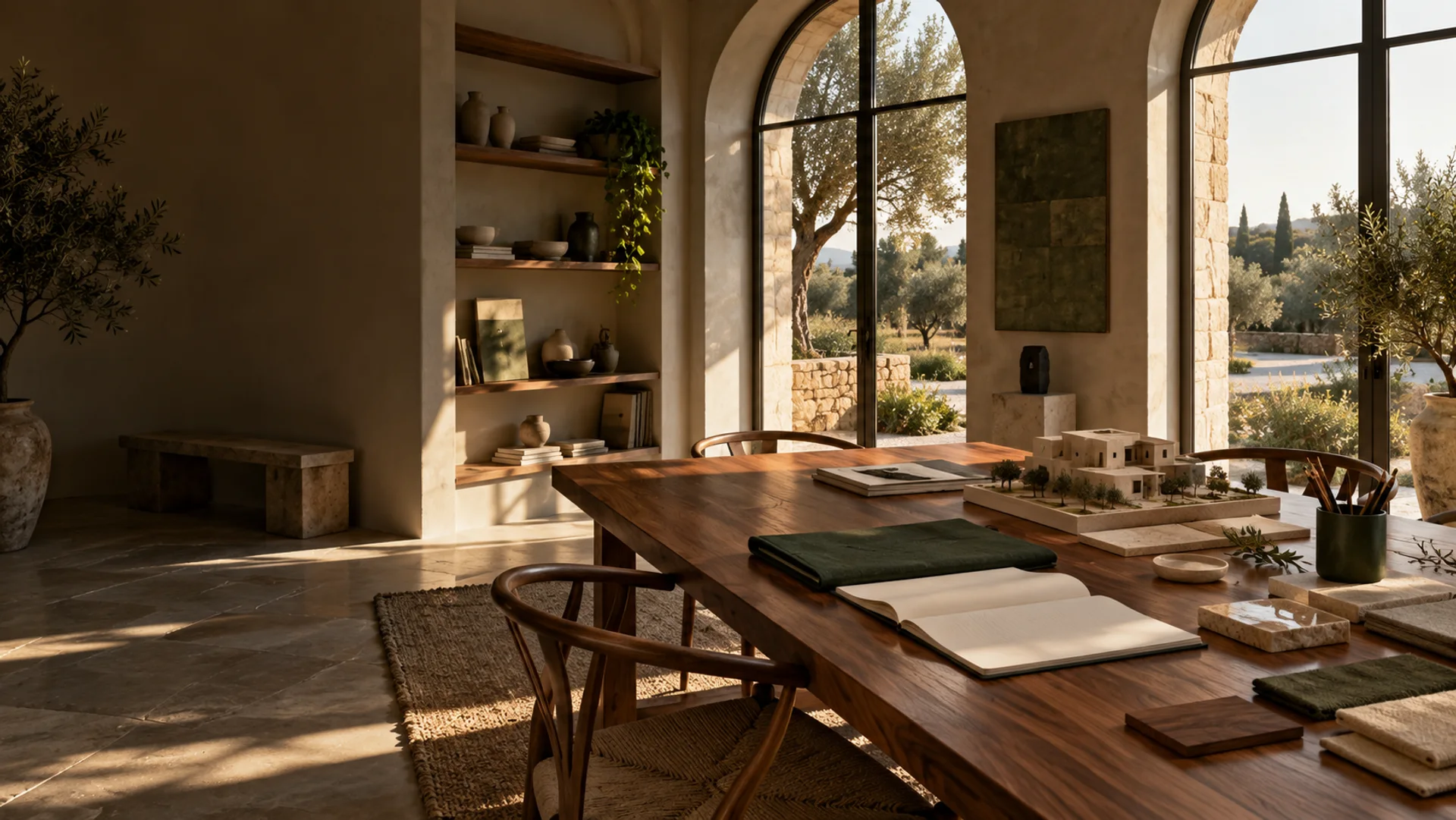 Escena ilustrativa: un estudio luminoso abierto a un jardín, con cuaderno y maqueta inmobiliaria.