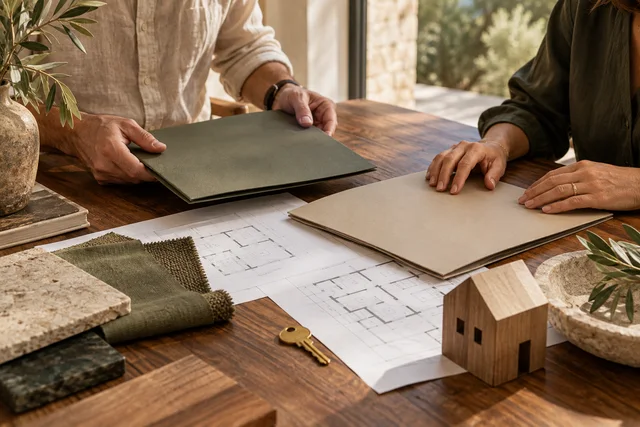 Escena ilustrativa: planos, materiales y llaves para preparar un proyecto inmobiliario.