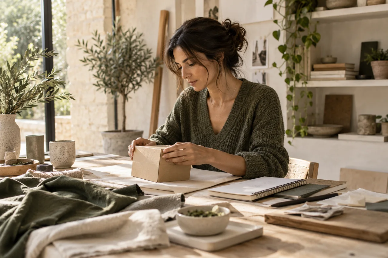 Escena ilustrativa: una emprendedora prepara un prototipo en su estudio.