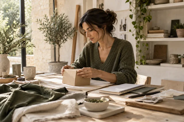 Escena ilustrativa: una emprendedora prepara un prototipo en su estudio.