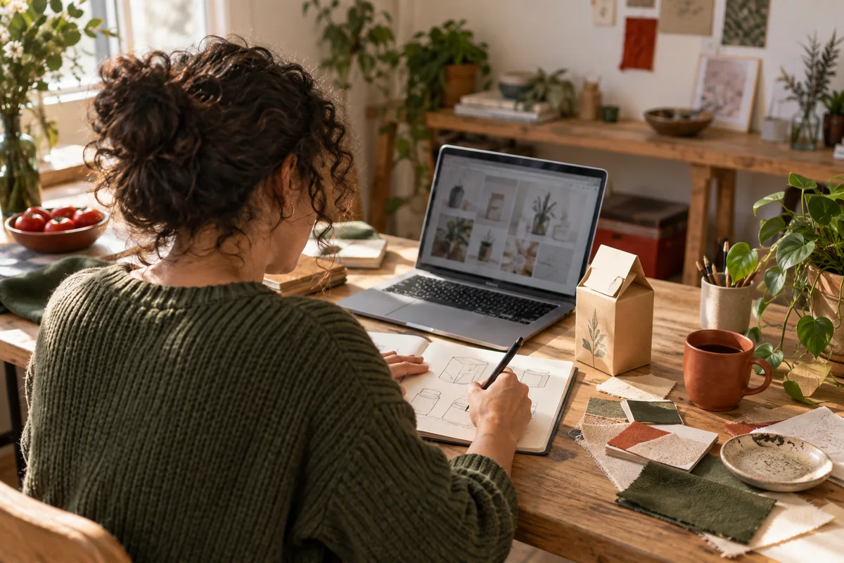 Escena ilustrativa: una emprendedora prepara su idea en su estudio