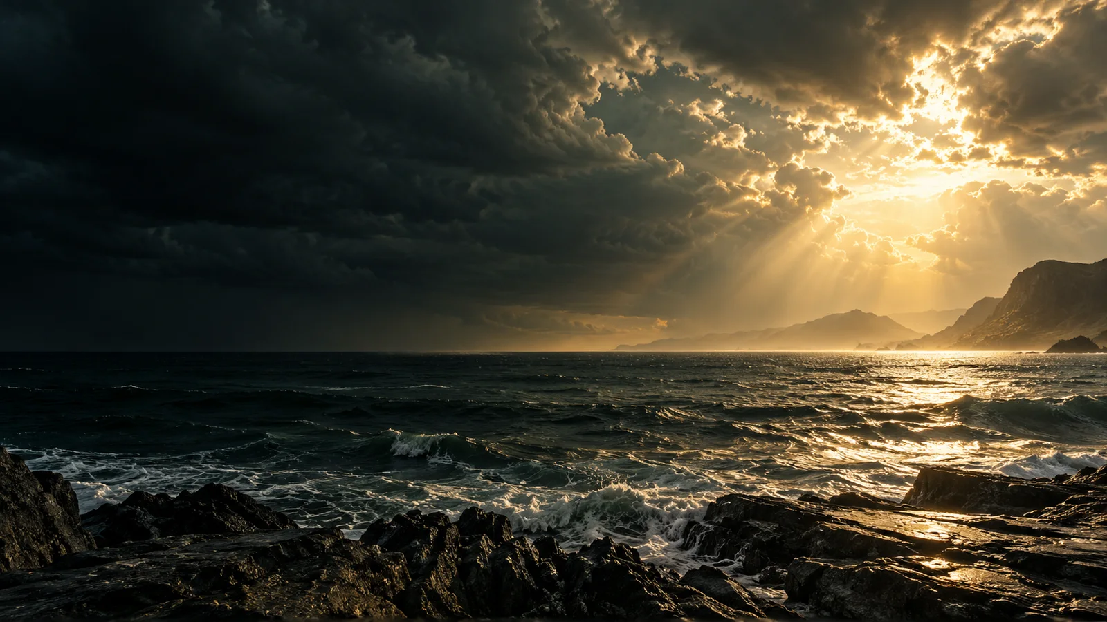 Una luz inmensa atraviesa las nubes y toca un mar oscuro.
