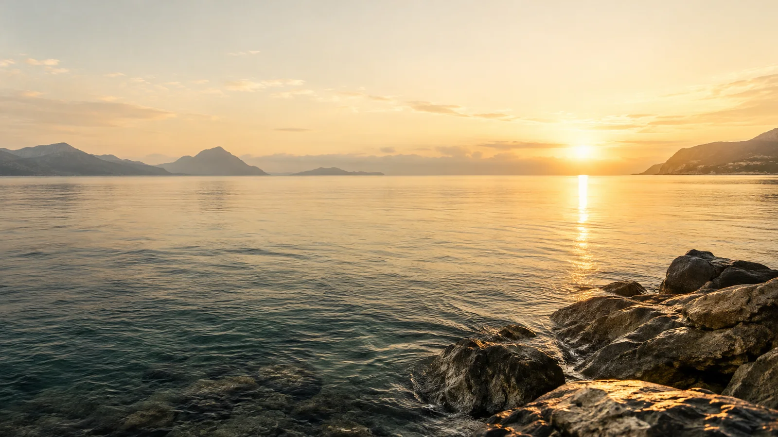 Un mar tranquilo y un horizonte luminoso al amanecer.