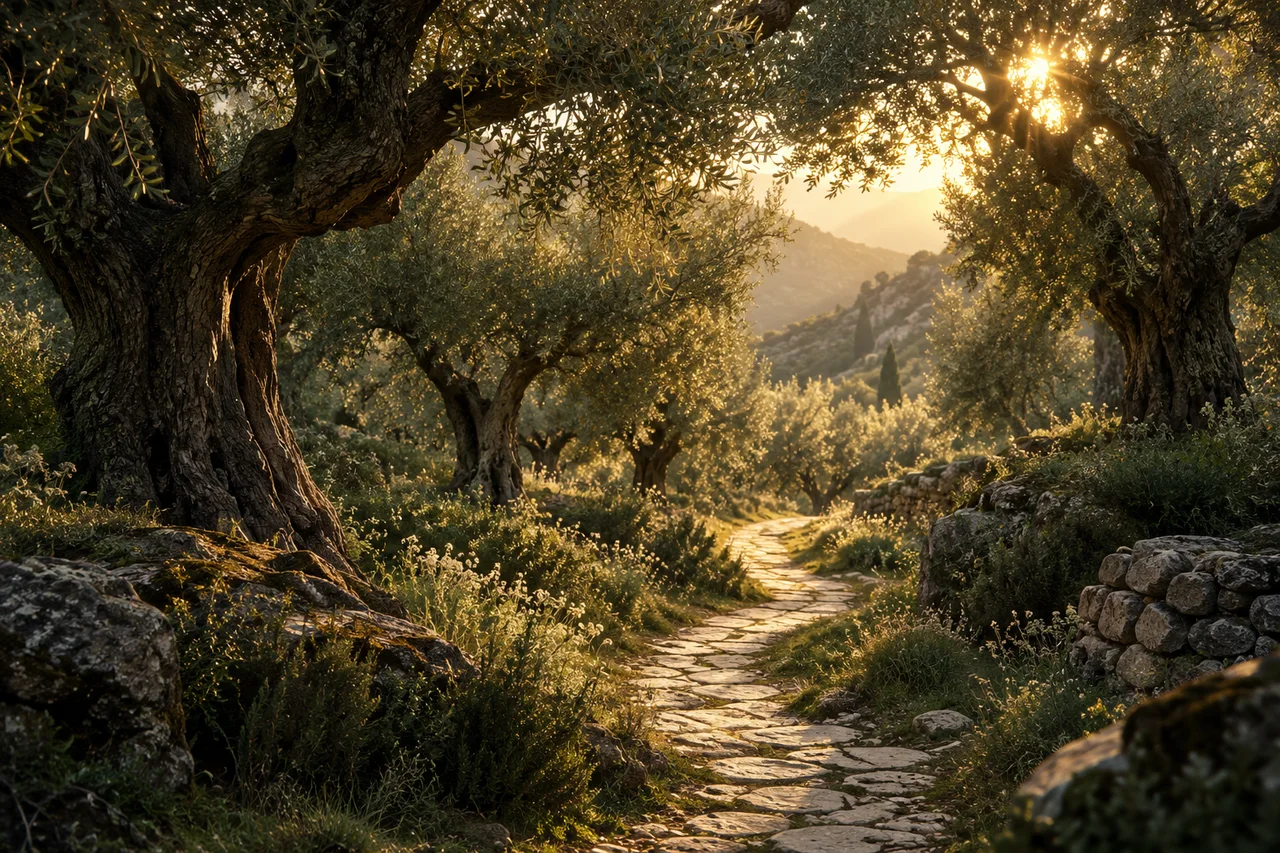 Un sendero cruza un olivar hacia un claro luminoso.