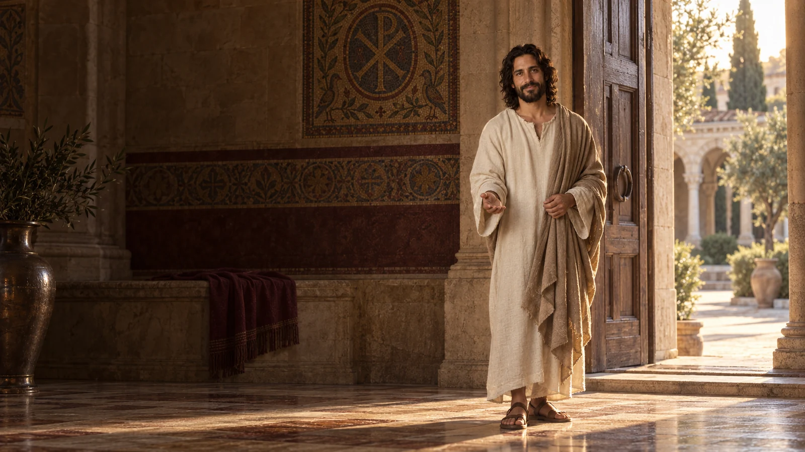 Jesús junto a una puerta de basílica abierta a un jardín luminoso.