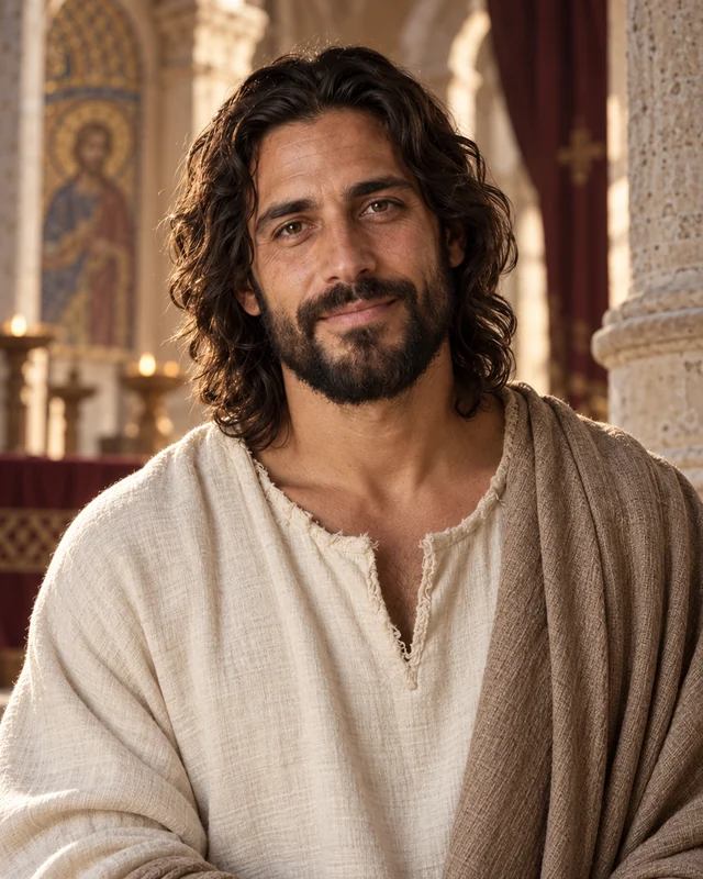 La mirada atenta de Jesús, iluminada de lado.