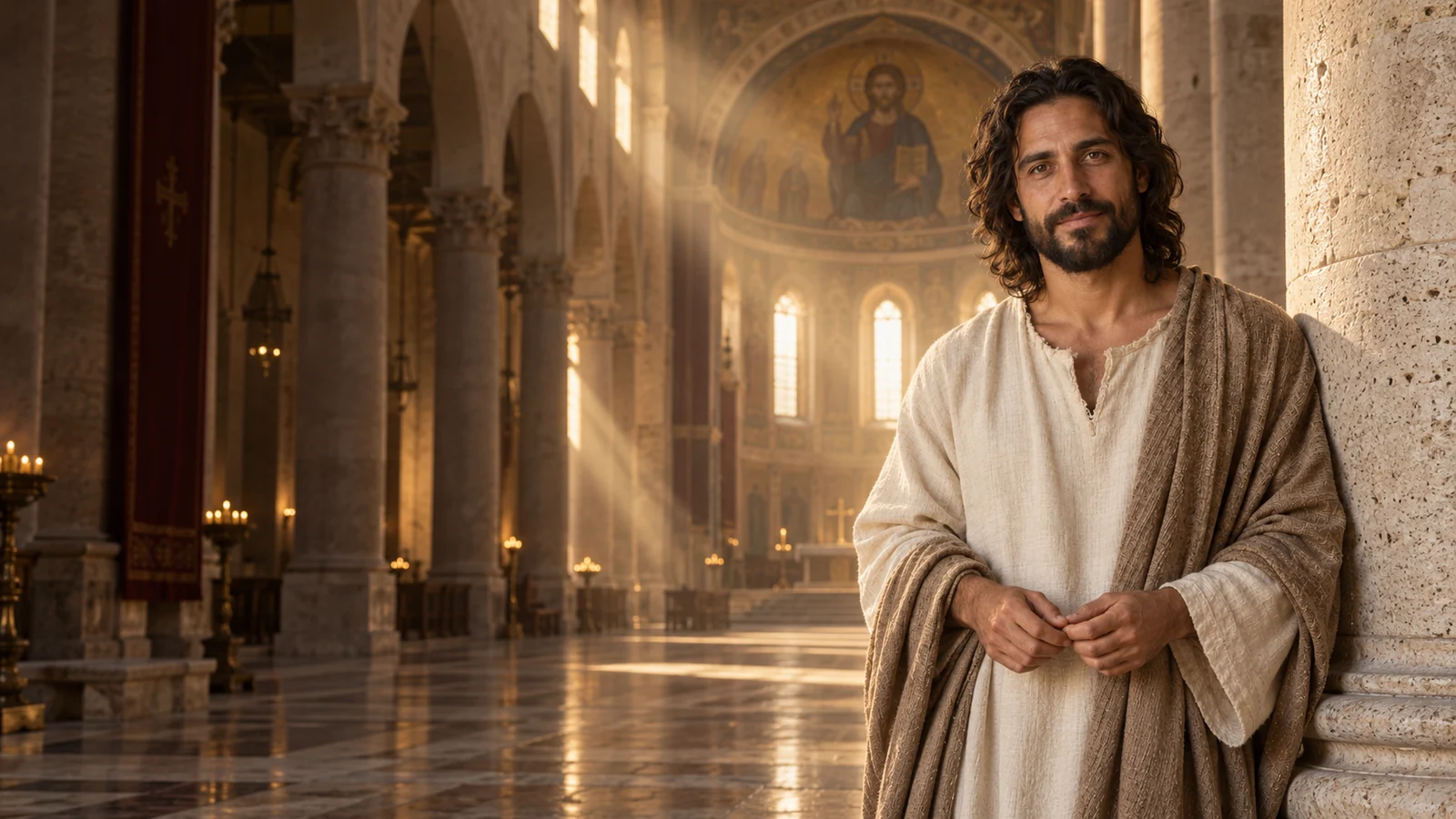 Jesús junto a una columna, con la luz de la mañana en una basílica romana.