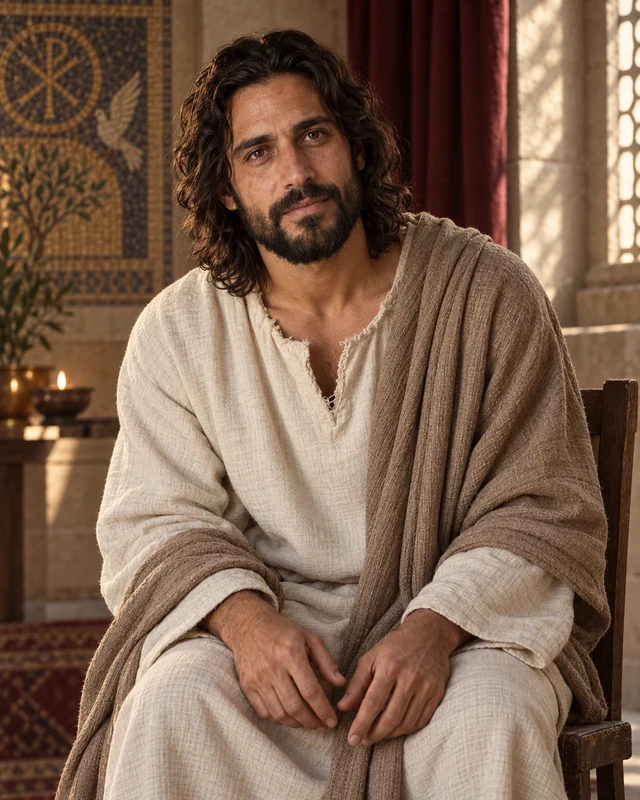 Jesús sentado, atento, con las manos sobre las rodillas.
