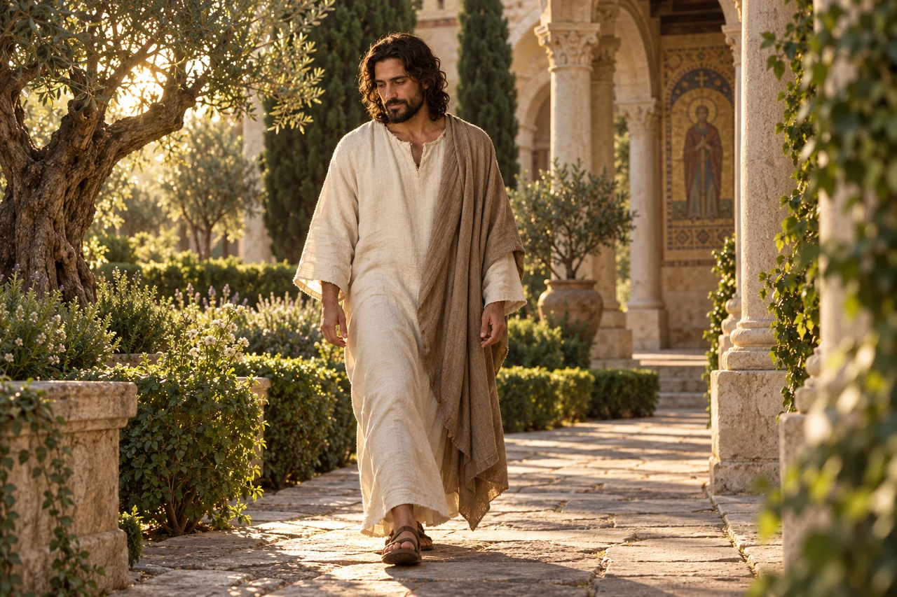 Jesús camina por un sendero de piedra en el jardín de un claustro.