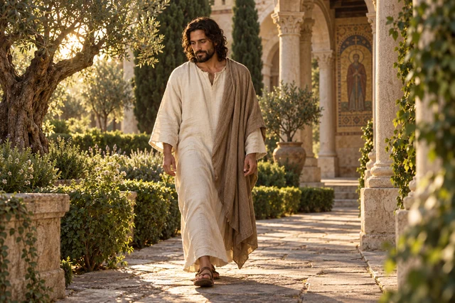 Jesús camina por un sendero de piedra en el jardín de un claustro.