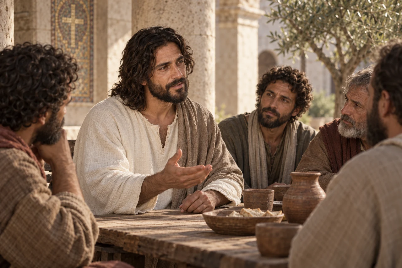 Jesús comparte una palabra con varios discípulos alrededor de una mesa sencilla.