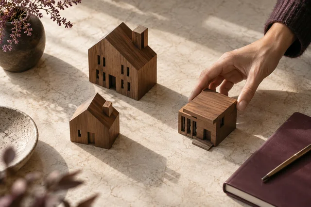 Escena conceptual: tres maquetas de madera para evocar la organización de varias actividades.