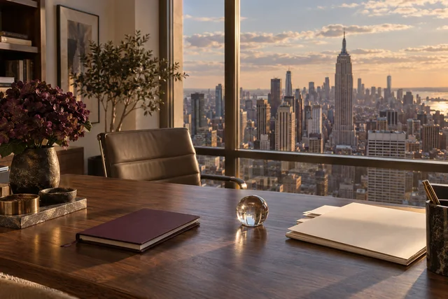 Escena ilustrativa: un despacho con vistas a Manhattan para evocar una actividad en Estados Unidos.