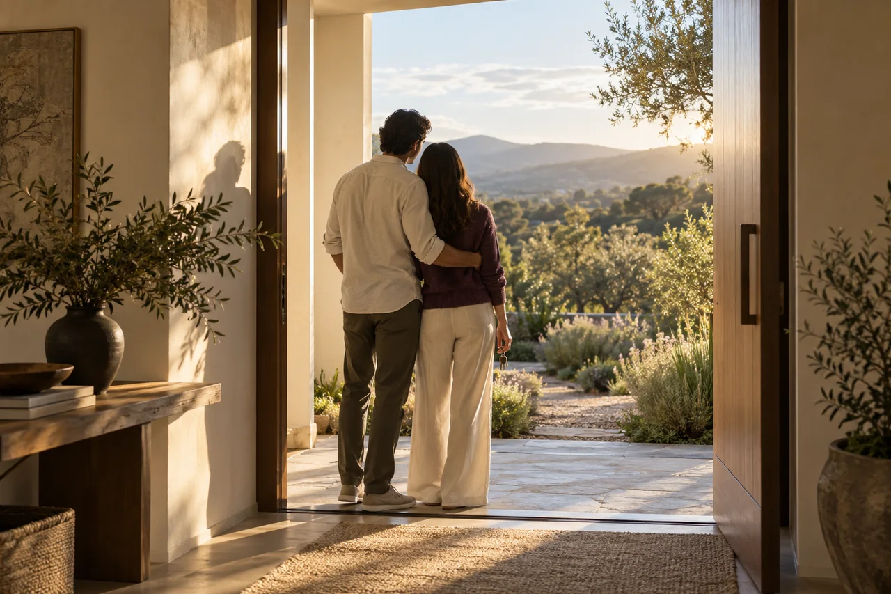 Escena ilustrativa: una pareja mira el jardín desde la puerta de una vivienda.