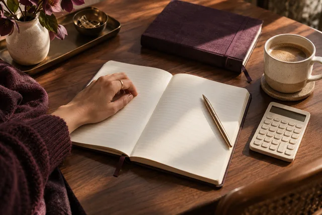 Escena ilustrativa: cuaderno, calculadora y taza en una mesa para organizar el dinero.