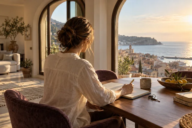 Escena ilustrativa: una mujer prepara un proyecto en un cuaderno junto a una ventana.