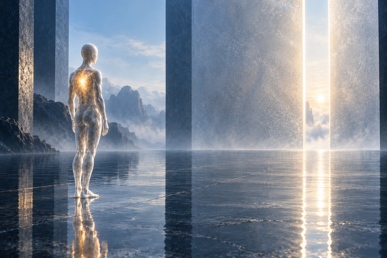 Una silueta de cristal mira hacia una abertura luminosa junto a una superficie reflectante.
