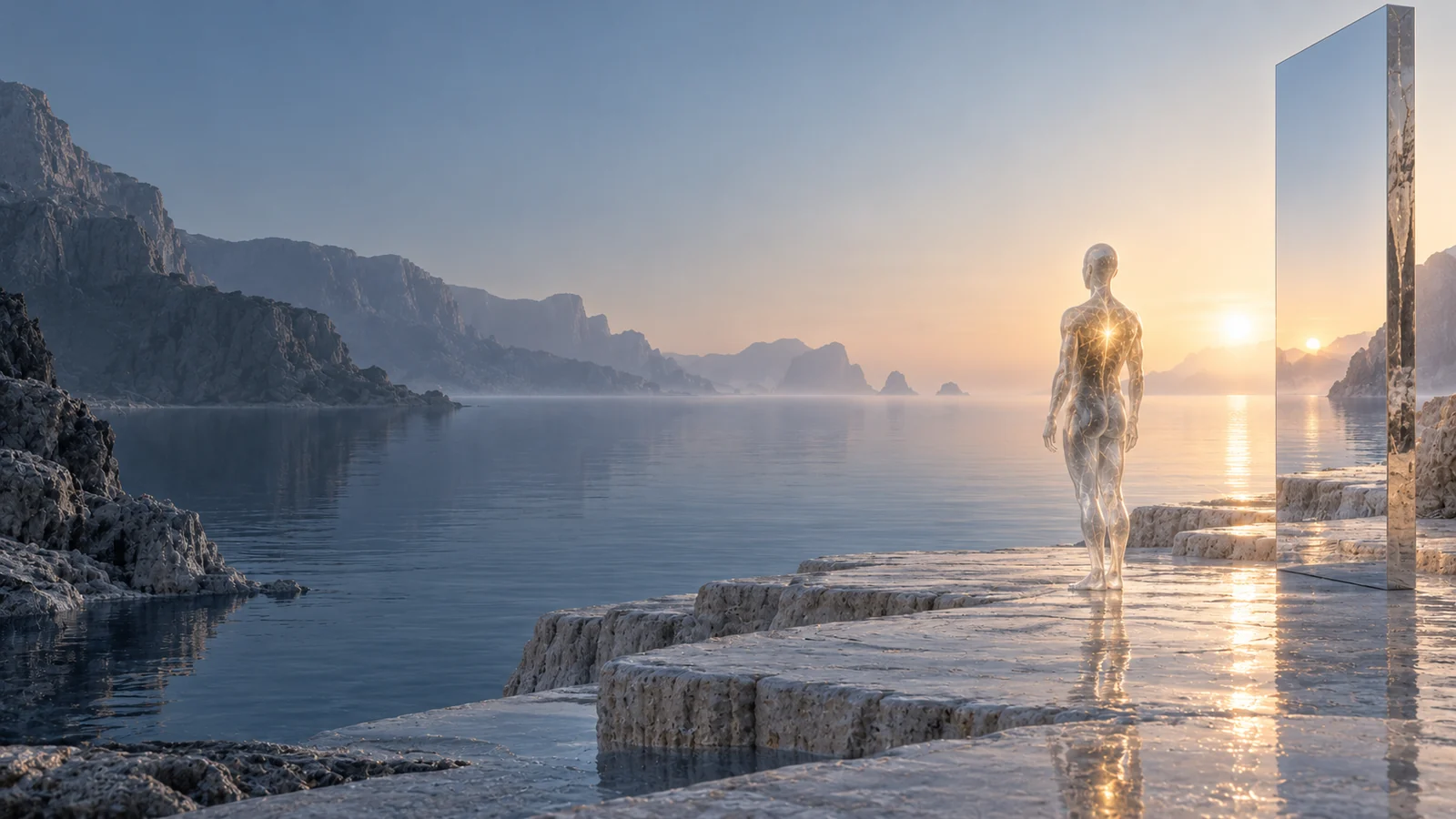 La presencia de cristal se vuelve hacia un paisaje mineral claro al amanecer.