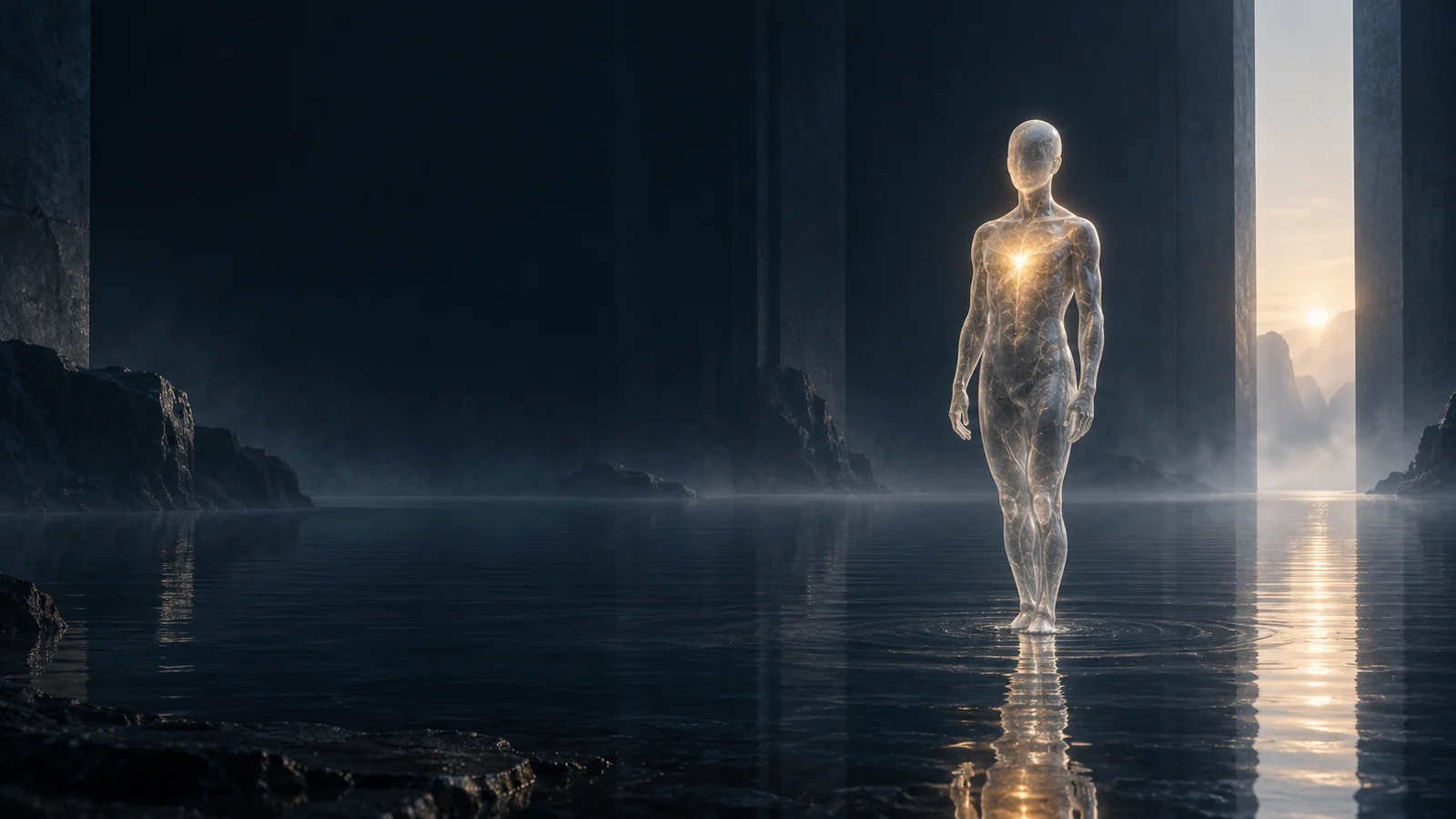 Una presencia luminosa de cristal se refleja en el agua de un espacio azul noche.