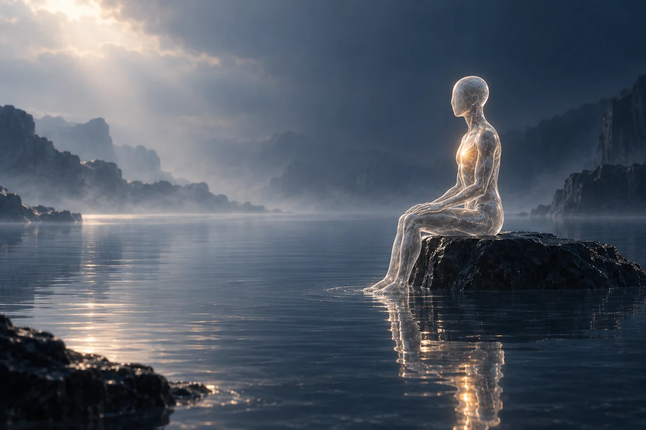 La presencia luminosa está sentada de perfil junto al agua tranquila, con los hombros relajados.